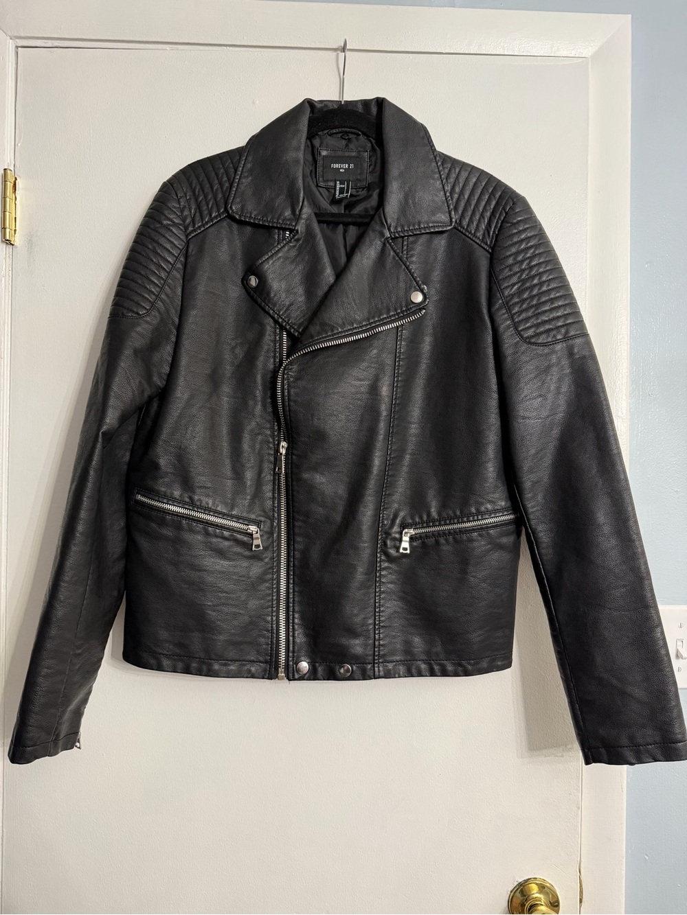 Forever 21 Black Faux Leather Moto Jacket with Quilted Shoulders